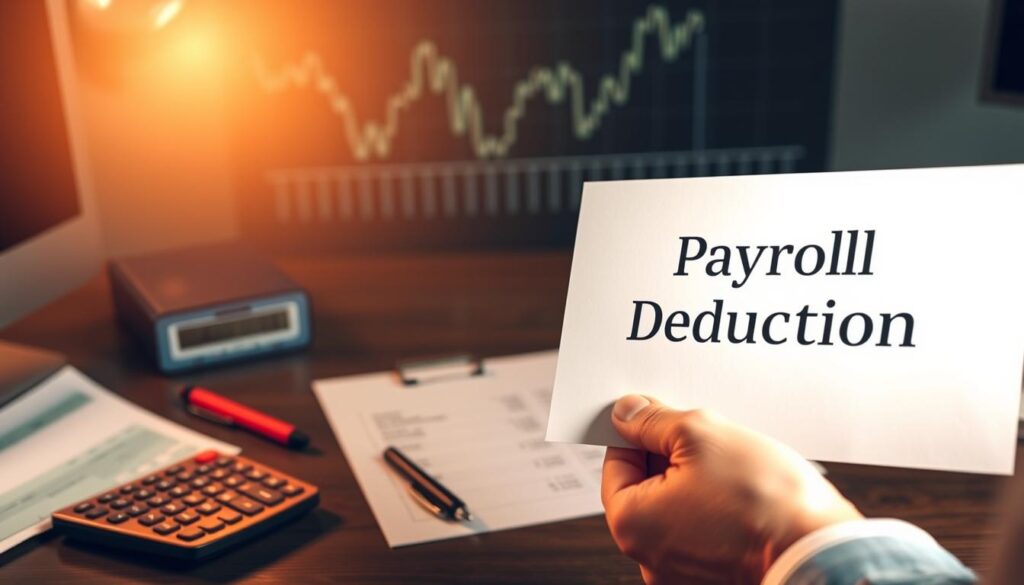 A neatly organized office desktop with a paycheck, calculator, and pen in the foreground. In the middle ground, a hand holds a document with the title "Payroll Deduction" in a clean, professional font. The background showcases an abstract financial graph or chart, symbolizing the financial implications of payroll deductions. The scene is illuminated by warm, directional lighting, creating a sense of focus and importance. The overall tone is one of efficiency, organization, and financial responsibility.
