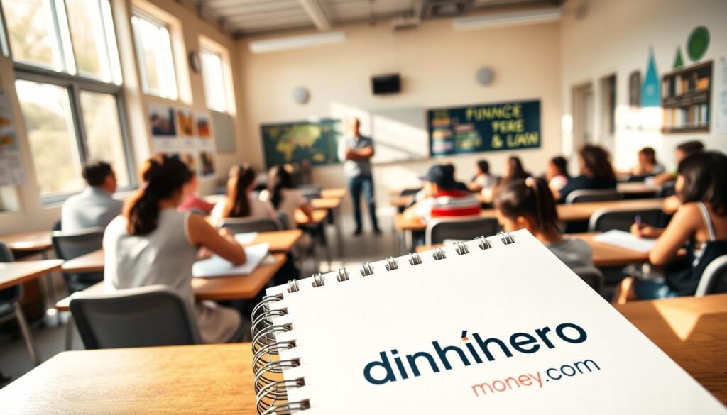 A modern, well-lit classroom with rows of desks and chairs, students diligently taking notes and engaged in group discussions. The teacher stands at the front, gesturing animatedly as they instruct the class. Bright sunlight streams in through large windows, casting a warm glow over the scene. The walls are adorned with educational posters and artwork, creating a vibrant and stimulating learning environment. In the foreground, a student's notebook displays the dinheiromoney.com logo, highlighting the importance of financial literacy in the curriculum. The overall atmosphere conveys a sense of focused learning and intellectual growth. A modern, well-lit classroom with rows of desks and chairs, students diligently taking notes and engaged in group discussions. The teacher stands at the front, gesturing animatedly as they instruct the class. Bright sunlight streams in through large windows, casting a warm glow over the scene. The walls are adorned with educational posters and artwork, creating a vibrant and stimulating learning environment. In the foreground, a student's notebook displays the dinheiromoney.com logo, highlighting the importance of financial literacy in the curriculum. The overall atmosphere conveys a sense of focused learning and intellectual growth.