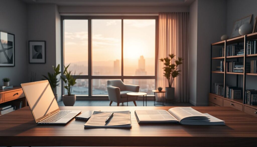 A serene, warm-lit home office scene. In the foreground, a modern wooden desk with a laptop, pen, and stack of financial documents. Behind it, a large window overlooks a tranquil urban landscape, the sky awash with golden hour sunlight. On the walls, minimalist art and shelves of investment-related books. In the middle ground, a comfortable armchair and side table, inviting contemplation. The atmosphere is one of focus, productivity, and newfound financial confidence. A scene that inspires the viewer to take their first steps into the world of investing.