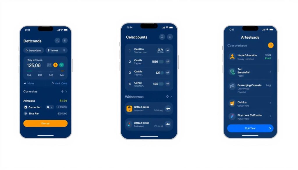 Detailed user interface of the "Caixa" mobile banking application, showcasing its main features and functionalities. A clean and intuitive digital banking experience with a sleek, modern design. The app's dashboard displays account balances, recent transactions, and quick access to common actions like bill payments, transfers, and withdrawals. The interface is warm and inviting, with thoughtful use of colors, typography, and iconography to guide the user's interactions. The overall layout is well-organized, emphasizing clarity and ease of use for the Bolsa Família program beneficiaries.
