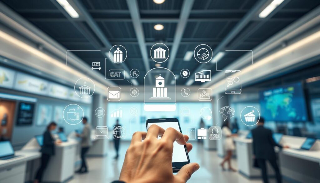 A busy digital banking center with a sleek, modern aesthetic. In the foreground, a person using a smartphone to open a new mobile banking account, their fingers deftly navigating the intuitive digital interface. The middle ground features an array of banking-related icons, infographics, and interactive elements, conveying the ease and convenience of the onboarding process. The background showcases a minimalist, high-tech environment with clean lines, neutral tones, and subtle lighting that creates a sense of efficiency and professionalism. The overall scene exudes a dynamic, streamlined, and user-friendly vibe, perfectly capturing the essence of "abertura conta celular" within the context of the digital banking landscape.