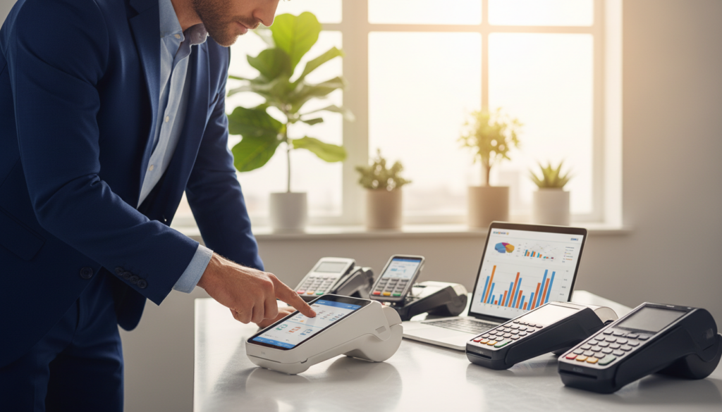 A professional setting showcasing a variety of credit card machines on a sleek, modern desk. In the foreground, focus on a person in smart business attire, deeply analyzing a user-friendly credit card device with a thoughtful expression, pointing at the features. In the middle ground, display an assortment of machines—compact models, mobile readers, and countertop devices—arranged neatly alongside a laptop displaying financial graphs. The background features a bright office environment with soft natural lighting, large windows letting in sunlight, and potted plants. This creates a warm, inviting atmosphere that emphasizes a decision-making process, ideal for a business guide on selecting the best credit card machine for specific needs.