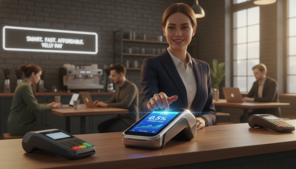 Yelly mobile payment device prominently displayed in a professional environment, emphasizing its competitive transaction fees. In the foreground, the sleek device with a modern design and an illuminated screen shows a vibrant digital payment interface. In the middle, a business person in smart attire engages with the device confidently, demonstrating its usability and reliability. The background features a softly lit café or office setting, with subtle hints of technology like laptops and other payment devices. The atmosphere is professional and welcoming, conveying a sense of trust and efficiency. The lighting is warm and inviting, creating a sense of optimism about investing in modern payment solutions. Shot from a slightly elevated angle to capture both the device and the user effectively.