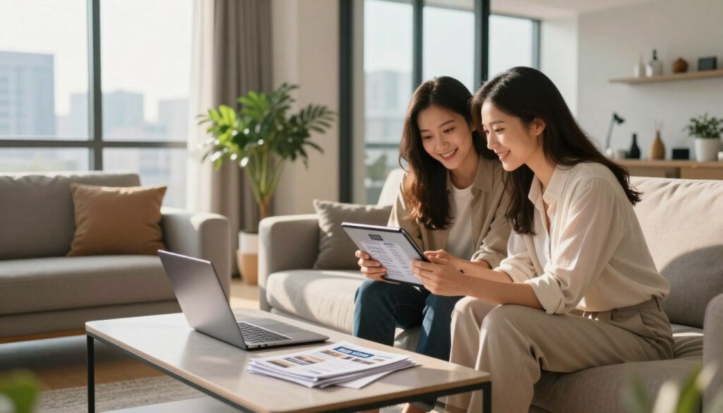 A contemporary apartment living room setting in 2026, showcasing a stylish and well-furnished interior. In the foreground, a young professional couple, dressed in smart casual attire, examines a tablet with rental listings. They appear engaged and optimistic, symbolizing the decision to rent. In the middle, a sleek coffee table is adorned with brochures and a laptop, showcasing rental property options. The background features large windows with a cityscape view, bathed in warm afternoon sunlight, giving the space a bright and inviting atmosphere. Soft shadows cast across the room add depth, while green plants in the corners create a fresh, modern feel. The image should evoke a sense of hope, practicality, and the modernity of renting in 2026.