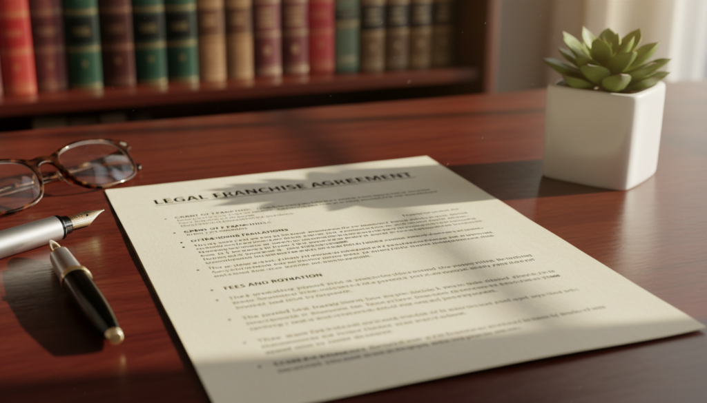 A close-up view of a legal franchise agreement document laid neatly on a polished wooden desk. The document features clear headings and bullet points, showing well-structured content related to franchising rights and obligations. Surrounding the document, there are a few elegant office items like a fountain pen, reading glasses, and a small potted plant, contributing to a professional atmosphere. In the background, a softly blurred wall bookshelf filled with legal books creates an intellectual ambiance. The lighting is warm and inviting, with sunlight filtering through a nearby window, casting gentle shadows. The overall mood is serious yet inviting, conveying professionalism and attention to detail. The scene is devoid of people, focusing solely on the document and its surroundings.