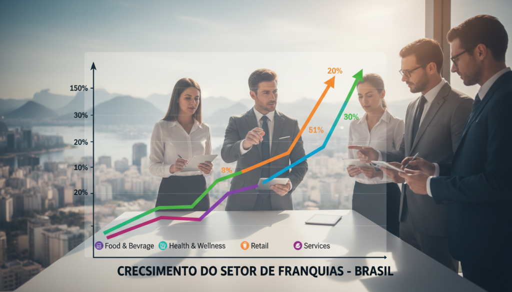 A detailed and visually engaging illustration of a franchise growth chart showcasing the Brazilian franchise sector. In the foreground, a bold line graph with upward trends, representing growth percentages, with colored sections for various franchise types. The middle ground features business professionals in smart attire analyzing the graph, appearing focused and engaged in discussion. In the background, a blurred city skyline of Brazil, hinting at an urban business environment. Bright, natural lighting illuminates the scene, enhancing the optimistic mood. The perspective should be from a slightly elevated angle, capturing both the graph and the individuals, evoking a sense of professionalism and opportunity within the franchise sector.