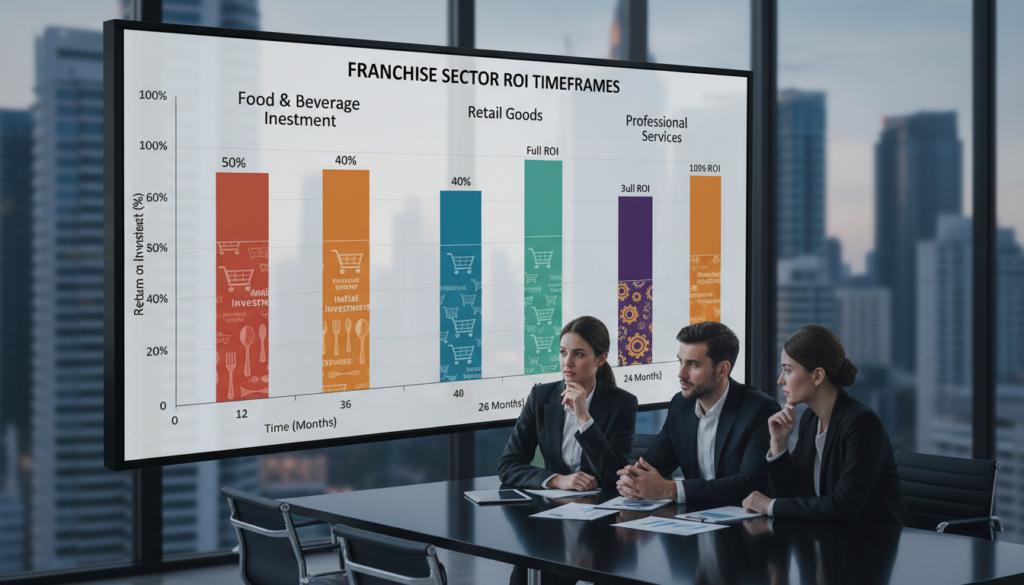 A detailed, comparative bar graph illustrating the return on investment (ROI) timeframes across various franchise sectors such as food, retail, and services. The bars should be vividly colored, representing each sector with distinct hues and patterns. In the foreground, include clear, labeled axes for time in months on the x-axis and percentage of return on investment on the y-axis. The middle ground should feature a sleek, modern office environment with professionals in business attire observing the graph on a digital screen, showcasing their interest. The background should be a softly blurred cityscape, reflecting a dynamic business atmosphere. The lighting is bright and professional, suggesting optimism and growth, creating an atmosphere of informed decision-making and strategic planning.