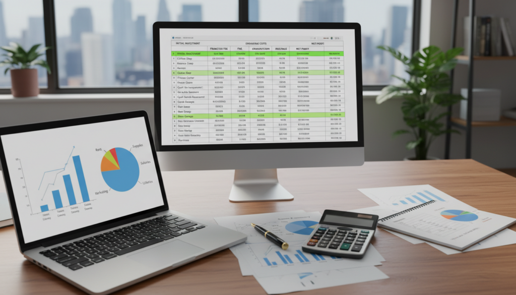 A detailed investment planning spreadsheet displayed prominently on a polished wooden desk. In the foreground, a modern laptop shows a colorful pie chart highlighting expenses, alongside a sleek calculator and a stylish pen. In the middle, the spreadsheet is neatly organized with columns for initial costs, franchise fees, and potential profits. Papers are scattered around, with graphs and financial notes that emphasize the entrepreneurial spirit. In the background, a softly lit office environment with large windows allowing natural light to flood in, creating a professional and inviting atmosphere. The scene conveys a sense of focus and determination, ideal for aspiring franchise owners, captured from a slight overhead angle for a comprehensive view. A detailed investment planning spreadsheet displayed prominently on a polished wooden desk. In the foreground, a modern laptop shows a colorful pie chart highlighting expenses, alongside a sleek calculator and a stylish pen. In the middle, the spreadsheet is neatly organized with columns for initial costs, franchise fees, and potential profits. Papers are scattered around, with graphs and financial notes that emphasize the entrepreneurial spirit. In the background, a softly lit office environment with large windows allowing natural light to flood in, creating a professional and inviting atmosphere. The scene conveys a sense of focus and determination, ideal for aspiring franchise owners, captured from a slight overhead angle for a comprehensive view.