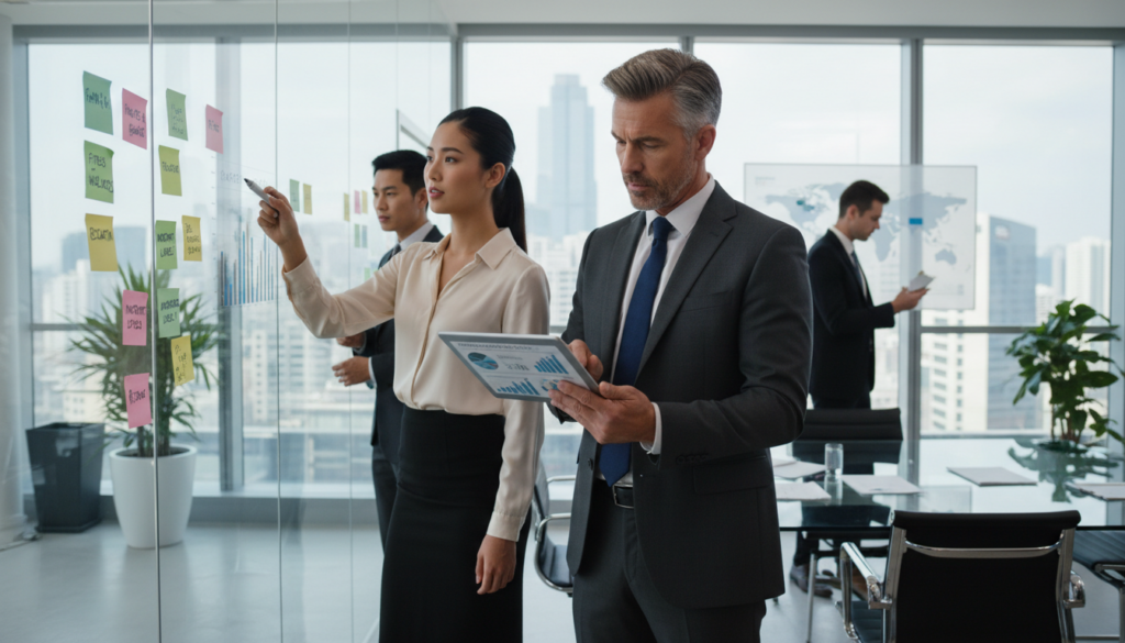 A diverse group of professionals analyzing market data in a modern office setting, focused on franchise segments. In the foreground, a middle-aged man in a sharp business suit studies a large digital tablet displaying charts and graphs. To the left, a young woman in a smart blouse and pencil skirt points at a transparent whiteboard filled with colorful post-it notes on franchise options. In the background, large windows reveal a city skyline, letting in bright daylight. The office is equipped with stylish furniture and a glass table. The atmosphere is collaborative and energetic, reflecting focus and determination. The image captures the essence of market analysis and franchise selection in a professional context, with no text or watermarks included.