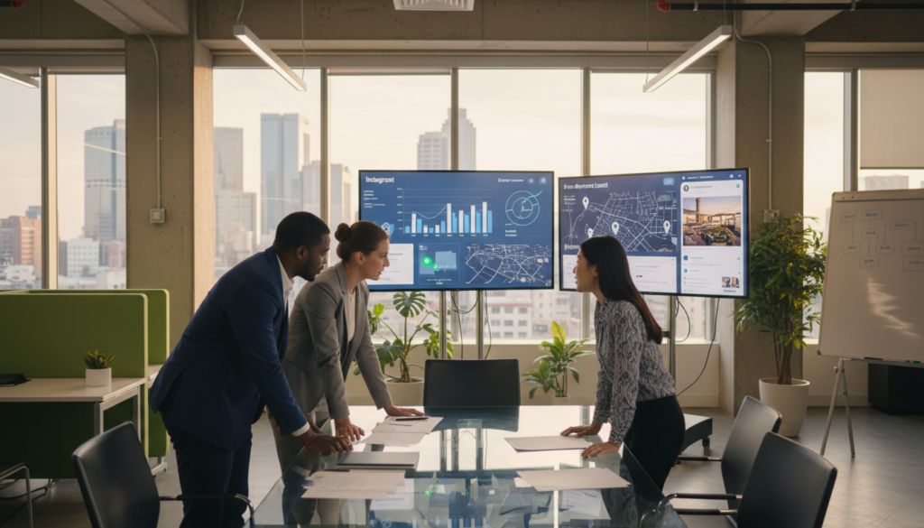 A dynamic and professional office environment showcasing digital and local marketing strategies for franchises. In the foreground, a diverse team of three professionals—one man and two women—dressed in smart business attire, actively discussing marketing plans around a modern conference table. The middle ground features digital screens displaying graphs, local maps, and social media platforms, illustrating targeted marketing campaigns. In the background, large windows let in natural light, casting a warm glow across the room, while cityscape views hint at local business engagement. The overall atmosphere is focused and collaborative, emphasizing innovation in marketing practices. The scene is shot with a wide-angle lens to capture the teamwork and strategic planning in action.