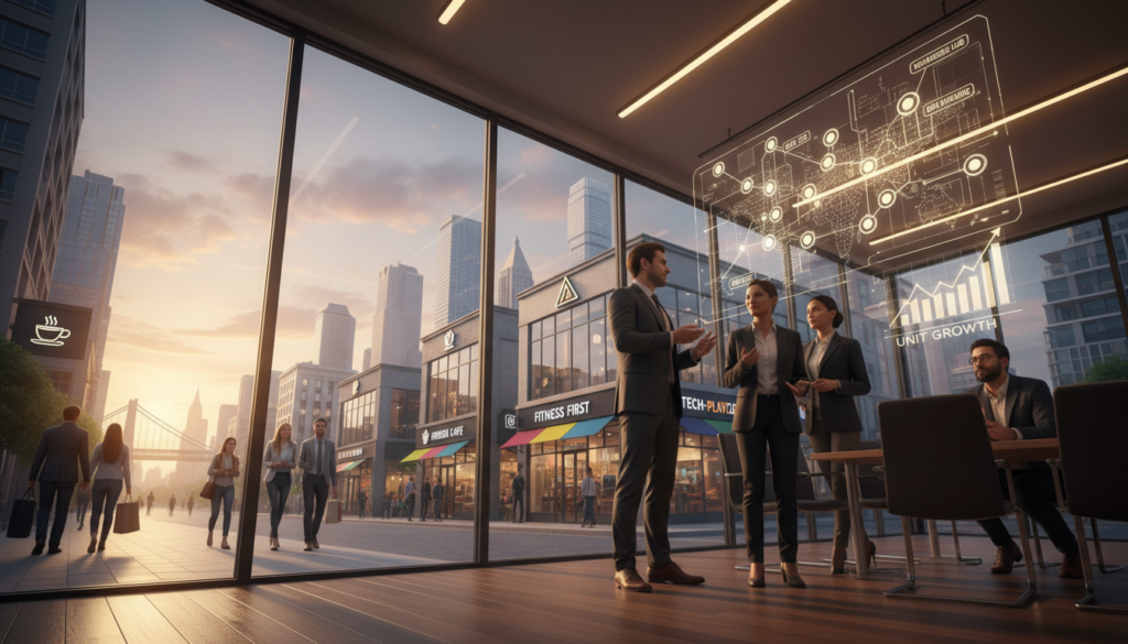 A dynamic business setting showcasing a successful multi-unit franchise expansion. In the foreground, a diverse group of three professional individuals in business attire engage in a discussion, pointing at a detailed map of multiple franchise locations. In the middle ground, sleek modern franchise storefronts line a vibrant street, each uniquely branded yet harmoniously designed. The background features a skyline of a bustling city, symbolizing growth and opportunity. Soft, warm lighting illuminates the scene, creating an inviting atmosphere. A low-angle perspective captures the height of the buildings, conveying ambition and success. Overall, the image encapsulates the journey from a single franchise to a thriving multi-unit business landscape, reflecting strategy, collaboration, and entrepreneurial spirit.