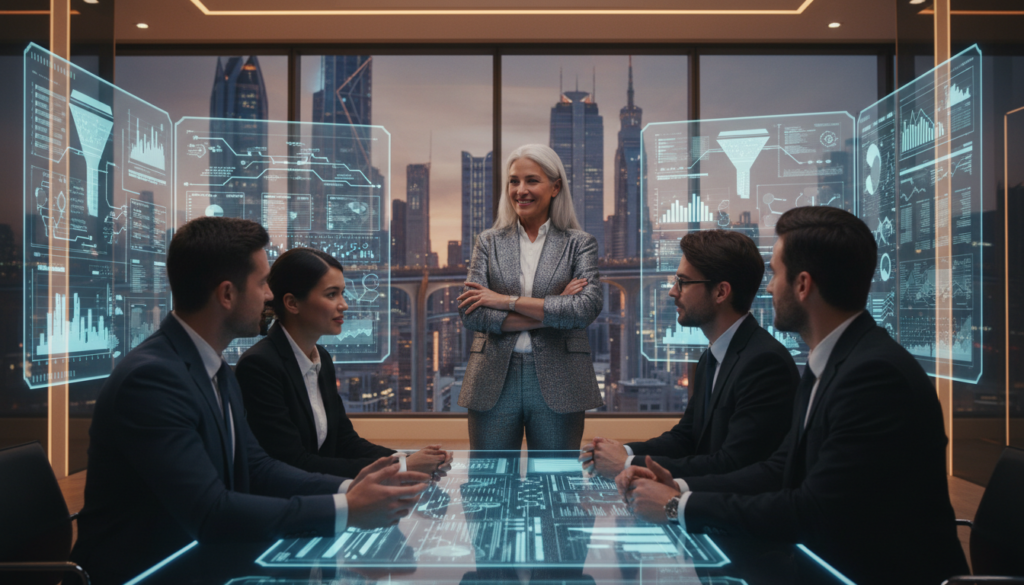 A futuristic franchise owner stands confidently in a modern, sleek office space. In the foreground, a diverse group of professionals in business attire engages in collaborative discussions, showcasing teamwork. The middle ground features advanced technology, such as digital screens displaying analytics and marketing strategies, symbolizing the future of franchise management. The background includes a large window with a city skyline, representing growth and opportunity. Soft, warm lighting creates a welcoming atmosphere, with a focus on innovation and professionalism. The angle captures the dynamic interaction among team members, emphasizing essential skills like communication and adaptability. The mood is optimistic, signifying the evolving landscape of franchise ownership.
