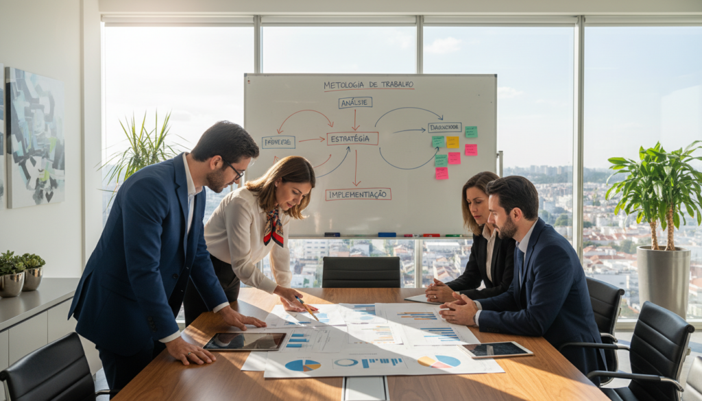 A modern consulting workspace featuring a diverse group of professionals collaborating around a large, polished wooden table. In the foreground, a male consultant in a navy suit and female consultant in a smart blouse are analyzing documents and charts, showcasing a franchise business strategy. In the middle ground, a whiteboard filled with colorful diagrams and sticky notes illustrates the "Metodologia de Trabalho". The background shows a glass window with a cityscape view, and natural light streaming in, creating a bright and inviting atmosphere. The mood is collaborative and focused, emphasizing teamwork and innovation in franchise consulting. No text or branding elements present.