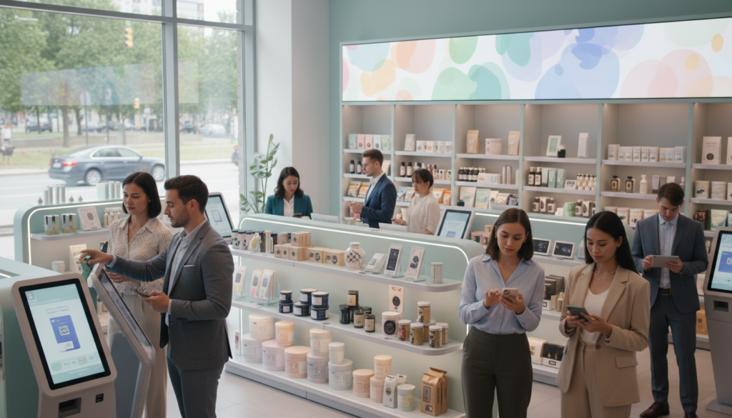 A modern franchise setting showcasing convenience and customer experience. In the foreground, a diverse group of business professionals dressed in smart casual attire interacting with digital kiosks and mobile apps, reflecting user-friendly technology. In the middle ground, a sleek, modern store layout with neatly organized products and inviting displays, highlighting trends in consumer behavior. The background features large windows with natural light pouring in, creating an open and welcoming atmosphere. Soft pastel colors dominate the scene, promoting a sense of calm and approachability. The composition is shot from a slightly elevated angle, allowing for a comprehensive view of the bustling environment, enhancing the feeling of community engagement and innovation. The overall mood is optimistic and dynamic, emphasizing the evolution of consumer expectations in the franchise industry.