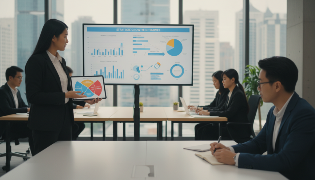 A modern office environment showcasing a diverse team of professional consultants brainstorming around a table. In the foreground, a consultant in business attire is presenting a colorful infographic on competitive advantages, while another team member takes notes. The middle ground features charts and graphs displayed on a large screen, illustrating strategic growth concepts. The background captures an open office space with large windows allowing natural light to flood in, highlighting a city skyline. The atmosphere is collaborative and dynamic, conveying clarity and innovation in the consulting field. Soft, warm lighting emphasizes teamwork, while a shallow depth of field focuses on the individuals engaged in discussion.