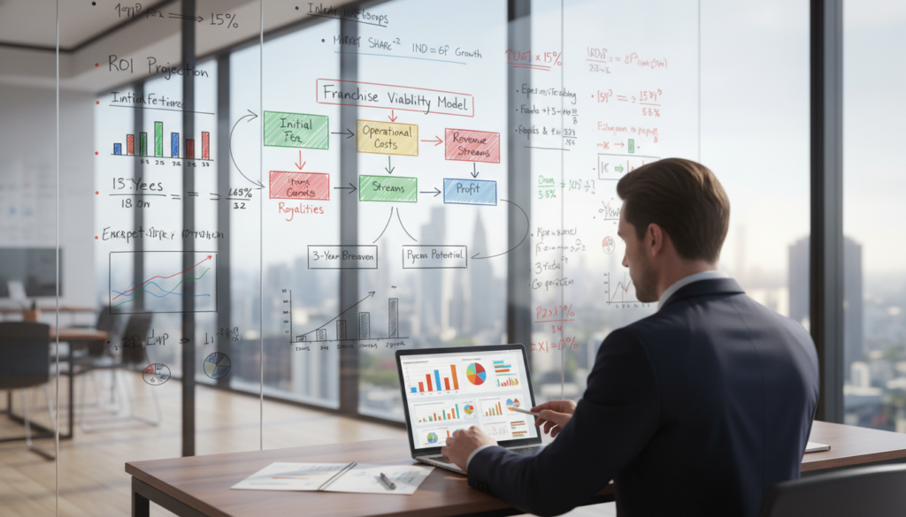 A professional and modern office setting showcasing a detailed financial analysis of franchise viability. In the foreground, a focused business professional in formal attire analyzes colorful charts and graphs displayed on a laptop, demonstrating key financial metrics. The middle ground features a large whiteboard filled with calculations, business strategies, and a visual representation of a franchise model, highlighted in bright colors. In the background, a panoramic view of a city skyline through large glass windows, casting soft natural light across the room. The atmosphere is one of determination and insight, emphasizing the importance of financial assessment in business decisions. The image is shot from a slight angle to enhance depth, creating a dynamic and engaging composition.