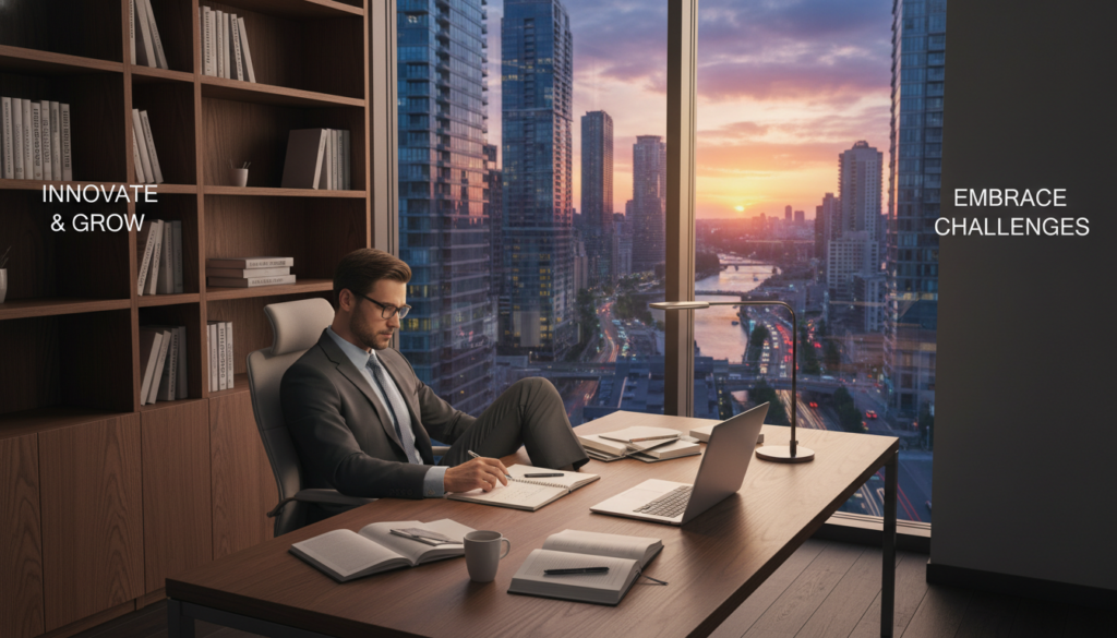 A professional businessperson sitting confidently at a modern desk in a stylish office, reflecting on their entrepreneurial journey. The foreground features a contemplative individual in smart business attire, with a thoughtful expression, surrounded by notepads and a laptop. In the middle ground, there's a large window showing a vibrant cityscape, symbolizing opportunities, while motivational quotes are subtly displayed on the walls. The background includes a bookshelf filled with business literature, accentuating the theme of self-knowledge and growth. The lighting is warm and inviting, casting soft shadows that create an inspiring atmosphere. The angle is slightly from above, emphasizing the person's focus on self-discovery and entrepreneurship.