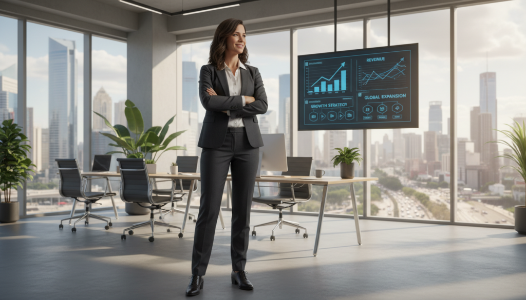 A professional entrepreneur in business attire stands confidently in the foreground, demonstrating qualities of leadership and management. Their expression is focused yet approachable, symbolizing determination and entrepreneurial spirit. The middle layer features a modern office environment with sleek furniture and a digital display showcasing business metrics and strategies. In the background, large windows reveal a bustling cityscape, emphasizing ambition and growth. Soft, natural lighting filters through the windows, creating a warm and inviting atmosphere. The composition is shot with a slight depth of field, bringing focus to the entrepreneur while subtly blurring the background elements. The overall mood is inspiring and motivational, perfect for embodying the profile of an entrepreneurial franchisee. A professional entrepreneur in business attire stands confidently in the foreground, demonstrating qualities of leadership and management. Their expression is focused yet approachable, symbolizing determination and entrepreneurial spirit. The middle layer features a modern office environment with sleek furniture and a digital display showcasing business metrics and strategies. In the background, large windows reveal a bustling cityscape, emphasizing ambition and growth. Soft, natural lighting filters through the windows, creating a warm and inviting atmosphere. The composition is shot with a slight depth of field, bringing focus to the entrepreneur while subtly blurring the background elements. The overall mood is inspiring and motivational, perfect for embodying the profile of an entrepreneurial franchisee.