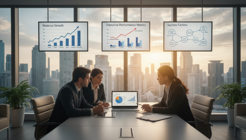 A professional office environment showcasing key financial determinants for franchise success. In the foreground, a diverse group of three business professionals, dressed in business attire, are gathered around a sleek table with financial documents and charts displayed on a laptop. In the middle ground, a large window reveals a city skyline, symbolizing growth and opportunity. Soft daylight filters through, creating a warm and inviting atmosphere. In the background, wall-mounted visuals illustrate graphs and statistics related to franchise performance, enhancing the sense of analysis and strategy. The overall mood is focused and collaborative, emphasizing the importance of informed decision-making in franchise investments.