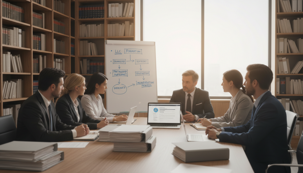 A professional office setting depicting the process of company formalization and legal structure. In the foreground, a diverse group of individuals in business attire—men and women—are engaged in discussion around a large table covered with legal documents, laptops, and a laptop displaying a business registration website. In the middle ground, a whiteboard is filled with flowcharts illustrating steps of legal formalization, labeled with terms like "LLC", "Partnership", and "Incorporation". The background shows bookshelves filled with legal textbooks and a large window letting natural light in, creating an open and inviting atmosphere. The mood is focused and collaborative, with warm, neutral tones. Use soft lighting to emphasize the professionalism of the scene, captured from a slightly elevated angle to encompass the entire setting.