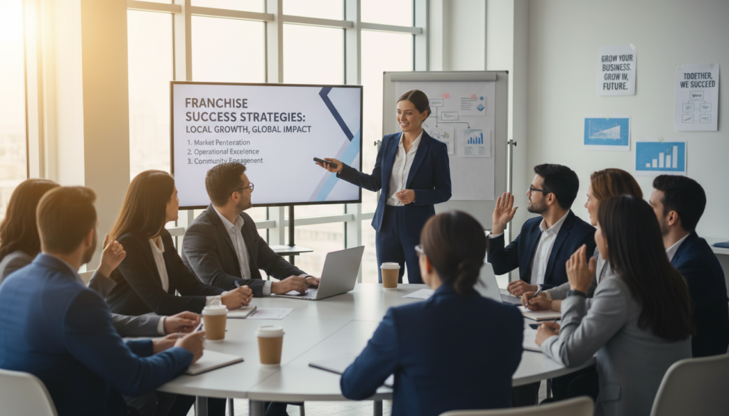A professional training session for franchisees in a well-lit office environment, showcasing a diverse group of individuals in business attire engaged in discussions. In the foreground, a confident franchise manager presents on a large screen, displaying key strategies for franchise success. The middle ground features attentive franchisees, taking notes and engaging with one another, demonstrating collaboration and learning. The background is filled with modern office decor, including charts and inspirational posters about business growth. Use natural lighting to create a warm and inviting atmosphere, with a slight focus on the franchise manager to emphasize leadership. Capture the mood of motivation and professionalism, highlighting the importance of strong franchisor support in business success. A professional training session for franchisees in a well-lit office environment, showcasing a diverse group of individuals in business attire engaged in discussions. In the foreground, a confident franchise manager presents on a large screen, displaying key strategies for franchise success. The middle ground features attentive franchisees, taking notes and engaging with one another, demonstrating collaboration and learning. The background is filled with modern office decor, including charts and inspirational posters about business growth. Use natural lighting to create a warm and inviting atmosphere, with a slight focus on the franchise manager to emphasize leadership. Capture the mood of motivation and professionalism, highlighting the importance of strong franchisor support in business success.