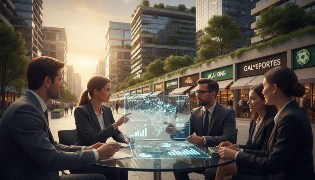 A vibrant and professional cityscape representing the geographic expansion of franchises in Brazil. In the foreground, diverse business professionals in smart attire engage in strategic discussions, with a digital map and graphs displayed on a nearby screen. The middle ground features modern franchise storefronts adorned with recognizable logos, showcasing products and services appealing to local consumers. Skyscrapers and urban development represent new markets, infused with green spaces to highlight sustainability. The background is a sunset skyline with golden hues, creating an optimistic atmosphere. Use soft, natural lighting to emphasize a collaborative mood, with a slight focus on the figures in the foreground. The angle should be slightly elevated, providing a broad view of the bustling business environment, capturing the essence of growth and opportunity.