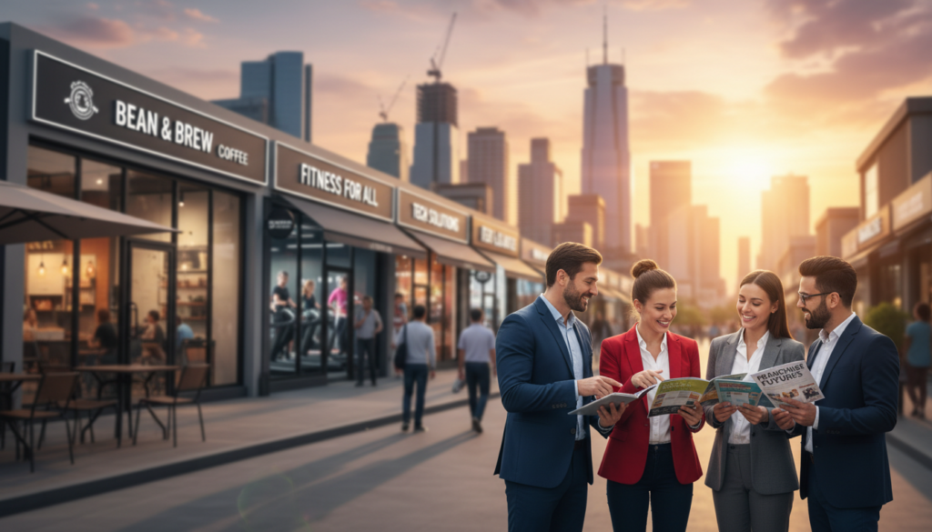 A vibrant, optimistic scene showcasing growth opportunities in a bustling urban environment, highlighting various successful franchises. In the foreground, a diverse group of professionals in business attire, engaged in animated discussion while examining franchise brochures. The middle ground features bright, attractive storefronts of popular franchise brands, such as cafés, fitness centers, and tech retail, indicating diversity in the franchise sector. The background showcases a city skyline bathed in warm sunset hues, symbolizing prosperity and innovation. The lighting is soft and inviting, creating a hopeful atmosphere, with a shallow depth of field focusing on the group while blurring the bustling street behind them. The overall mood conveys excitement and the promise of new business ventures in a growing market. A vibrant, optimistic scene showcasing growth opportunities in a bustling urban environment, highlighting various successful franchises. In the foreground, a diverse group of professionals in business attire, engaged in animated discussion while examining franchise brochures. The middle ground features bright, attractive storefronts of popular franchise brands, such as cafés, fitness centers, and tech retail, indicating diversity in the franchise sector. The background showcases a city skyline bathed in warm sunset hues, symbolizing prosperity and innovation. The lighting is soft and inviting, creating a hopeful atmosphere, with a shallow depth of field focusing on the group while blurring the bustling street behind them. The overall mood conveys excitement and the promise of new business ventures in a growing market.