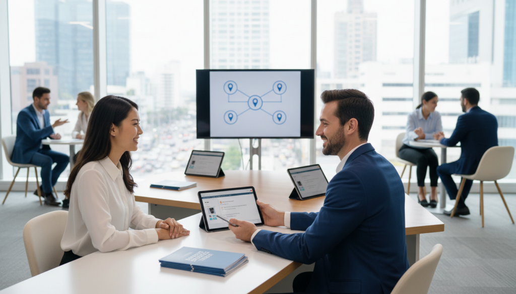 A well-designed modern office space showcasing a successful post-sale customer experience in a franchise setting. In the foreground, a friendly business professional in business attire engages with a satisfied customer, both smiling and discussing. The middle ground features a sleek consulting table equipped with tech gadgets like tablets and brochures, symbolizing franchise support. In the background, large windows illuminate the room with natural light, showing a bustling cityscape. Soft focus on additional franchise team members collaborating and providing assistance. The atmosphere is warm and inviting, reflecting professionalism and success, with a color palette of soft blues and whites. The composition captures a moment of connection and satisfaction, emphasizing the importance of customer experience in franchising.