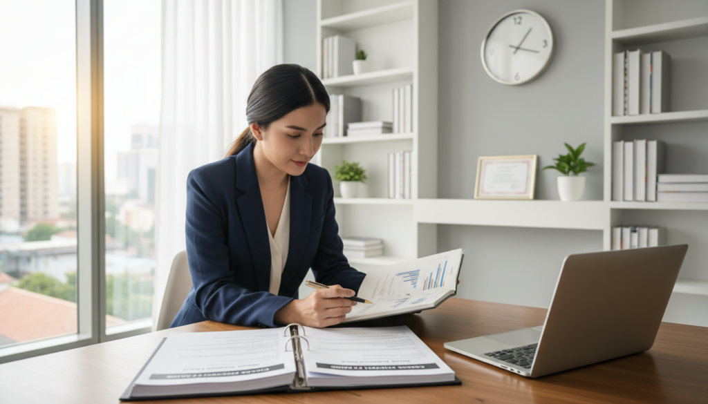 A well-organized, detailed office workspace featuring a table with an open Circular of Franchise Offering (COF) document, showcasing essential elements like franchise fees, terms, and conditions. In the foreground, a professional businesswoman in smart attire analyzes the document intently, jotting down notes on a pad. The middle ground includes modern office décor, such as a wall clock, bookshelves with franchise-related resources, and a laptop displaying relevant graphs. In the background, a large window allows natural light to flood the room, enhancing focus while creating a productive atmosphere. The image should have a bright, inviting mood, captured from a slightly elevated angle to provide a comprehensive view of the scene.